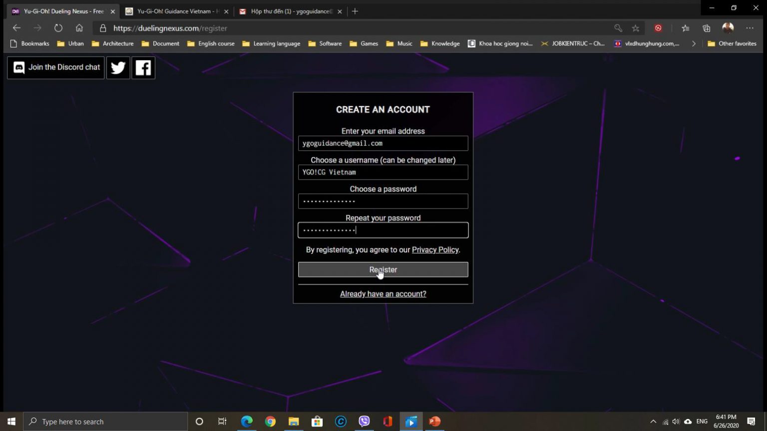 New account creation dialog box